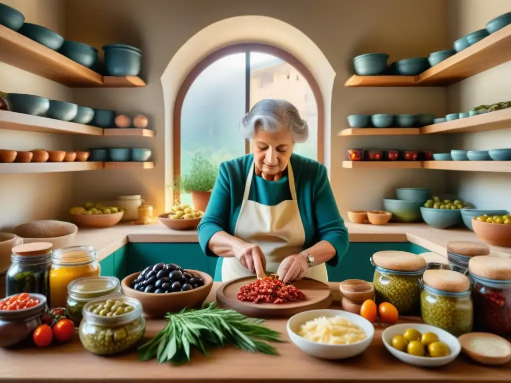 Una nonna italiana preparando antipasti con técnicas tradicionales en una cocina rústica llena de ingredientes italianos