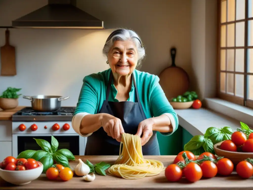 Una nonna italiana auténtica en una cocina rústica, creando pasta fresca con sabores auténticos cocina italiana