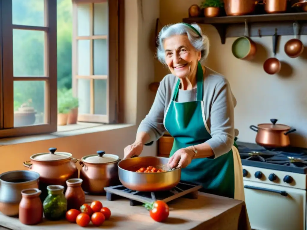 Nonna italiana de cabello plateado remueve salsa de tomate en cocina rústica con ollas de cobre, transmitiendo sabiduría culinaria a sus nietos