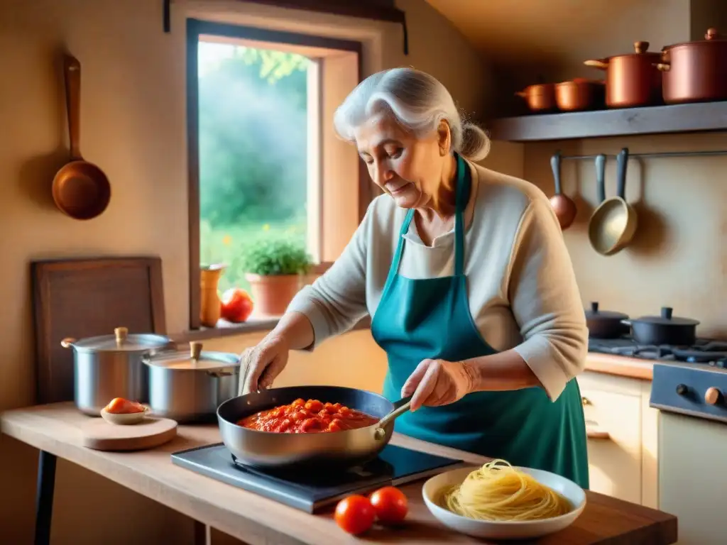 Una nonna italiana en una cocina acogedora, preparando salsa de tomate