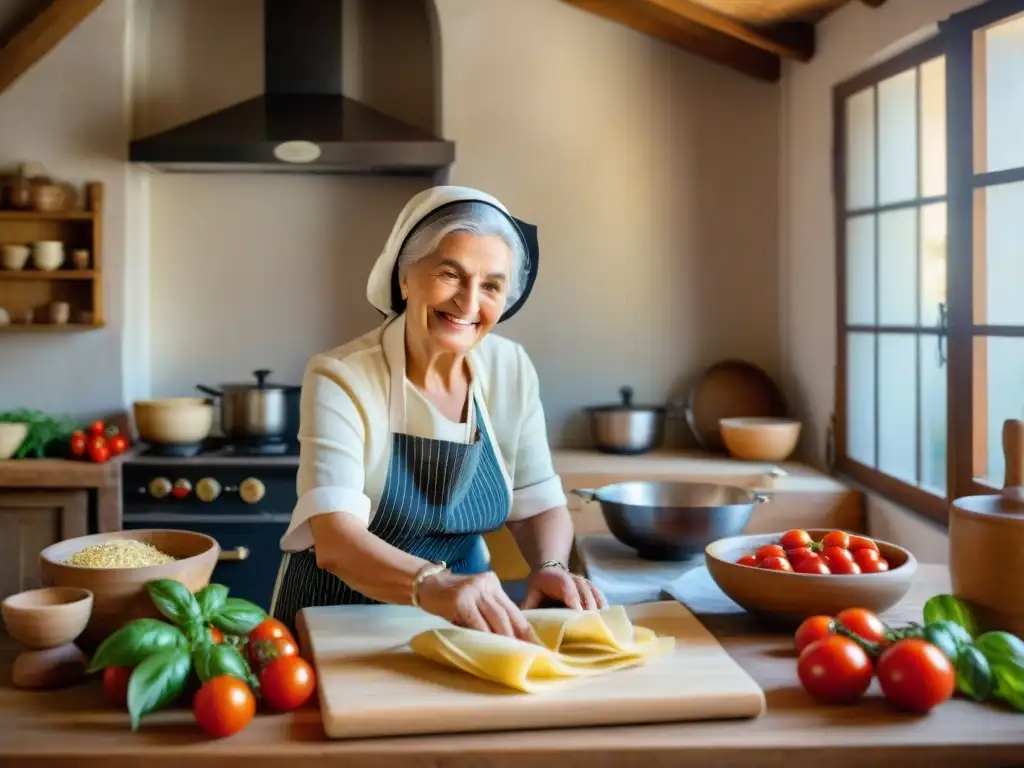 Nonna italiana cocinando: tradición y calidez en la cocina Nonna italiana sonriendo en una cocina acogedora, rodeada de ingredientes frescos