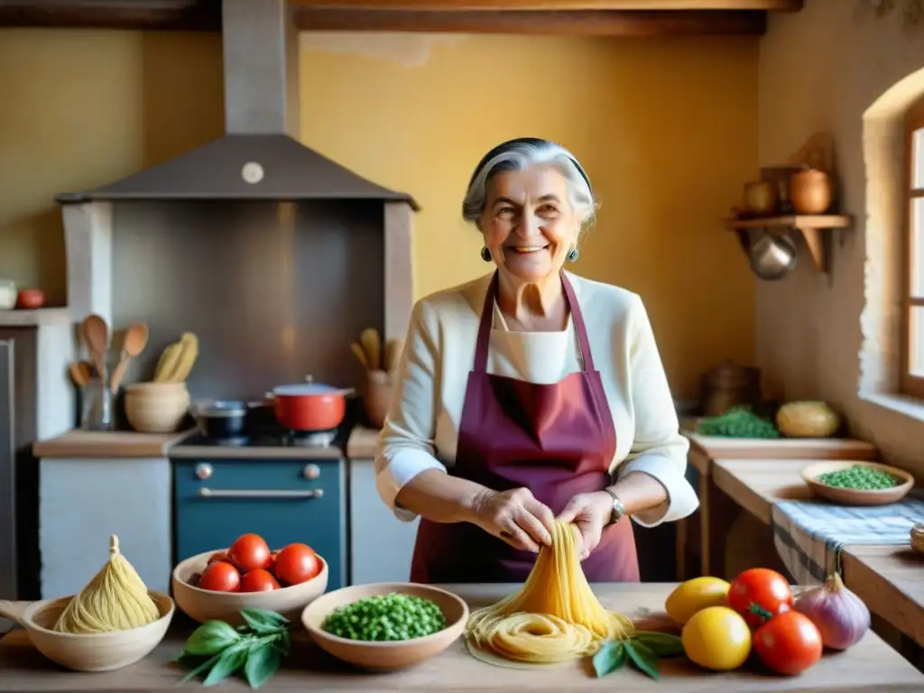 Una nonna italiana en una cocina campesina tradicional, elaborando pasta casera entre productos frescos y utensilios de cocina