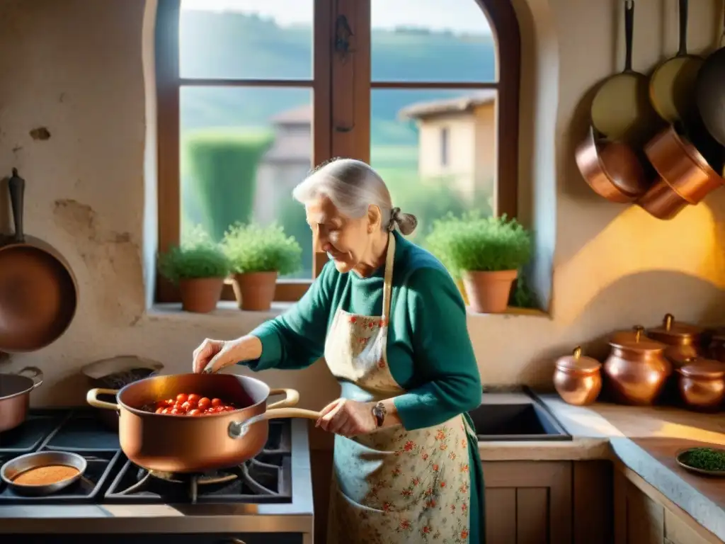 La nonna italiana en una cocina campesina tradicional, removiendo salsa de tomate en una olla sobre estufa vintage