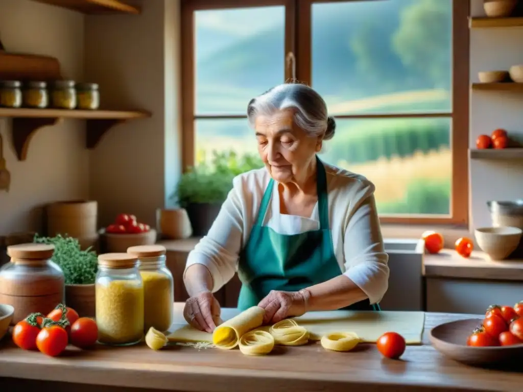 Una nonna italiana en su cocina de campo, amasando pasta fresca con tradición culinaria italiana ingredientes