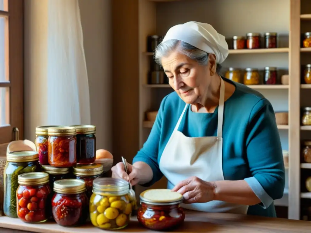 Una nonna italiana en una cocina rústica, preparando conservas con técnicas tradicionales