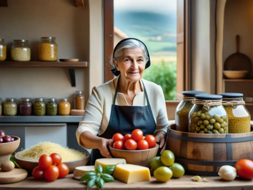 Nonna italiana cuidando la fermentación en cocina rústica con tomates, aceitunas y queso