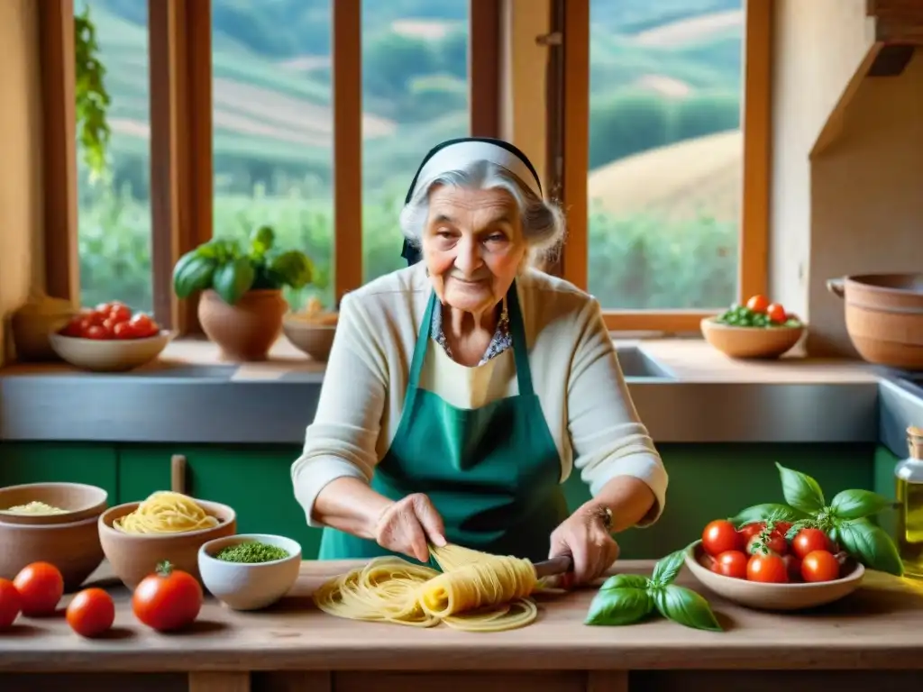 Una nonna italiana en una cocina rústica, haciendo pasta a mano con ingredientes frescos