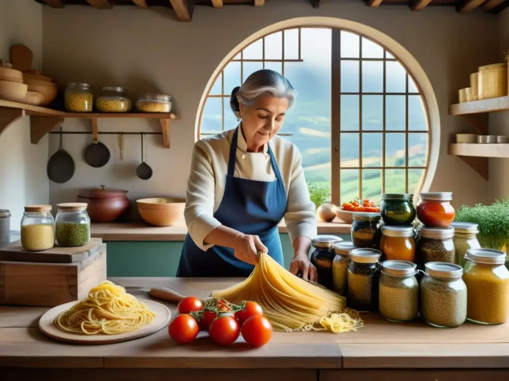 Una nonna italiana en una cocina rústica, con fermentaciones en frascos y quesos envejecidos