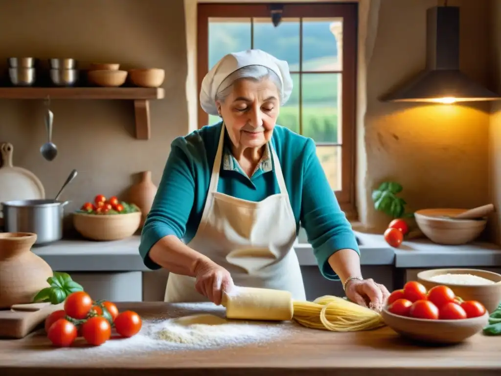 Una nonna italiana en su cocina rústica en la Toscana, rodeada de ingredientes frescos