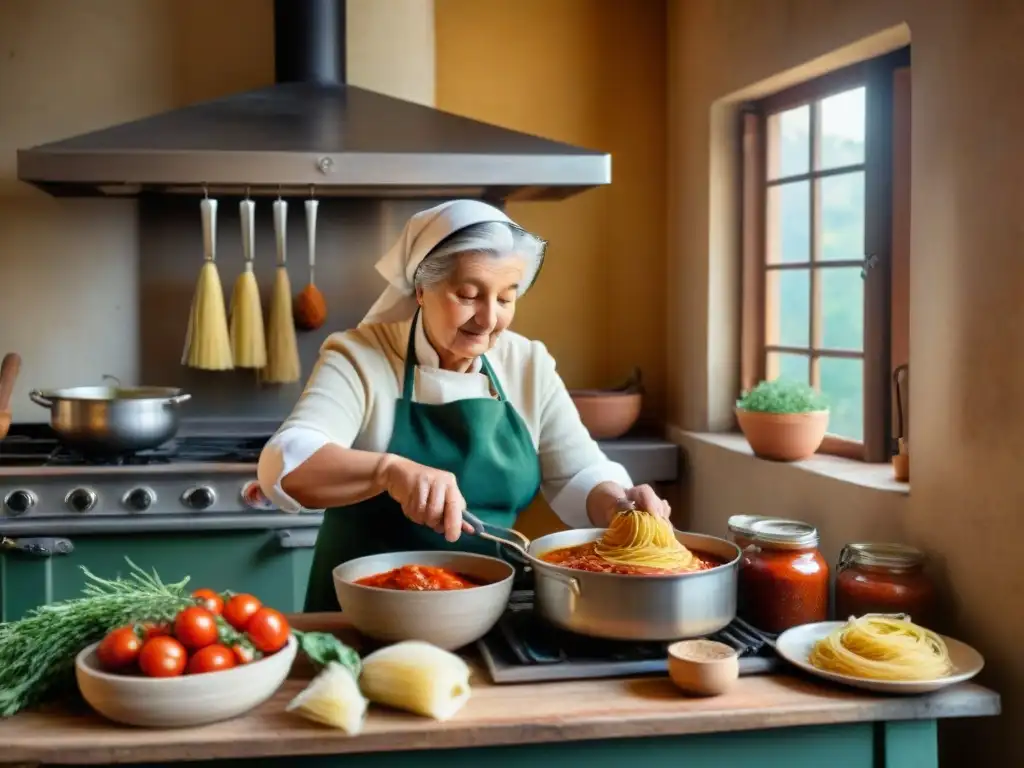 Una nonna italiana en su cocina rústica, rodeada de jarros de salsa de tomate casera y hierbas frescas