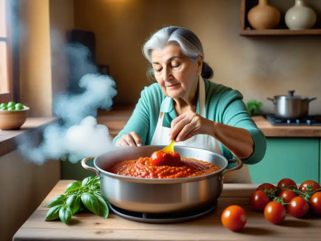 Una nonna italiana en una cocina rústica preparando recetas tradicionales chefs italia con pasión, rodeada de ingredientes frescos y luz cálida