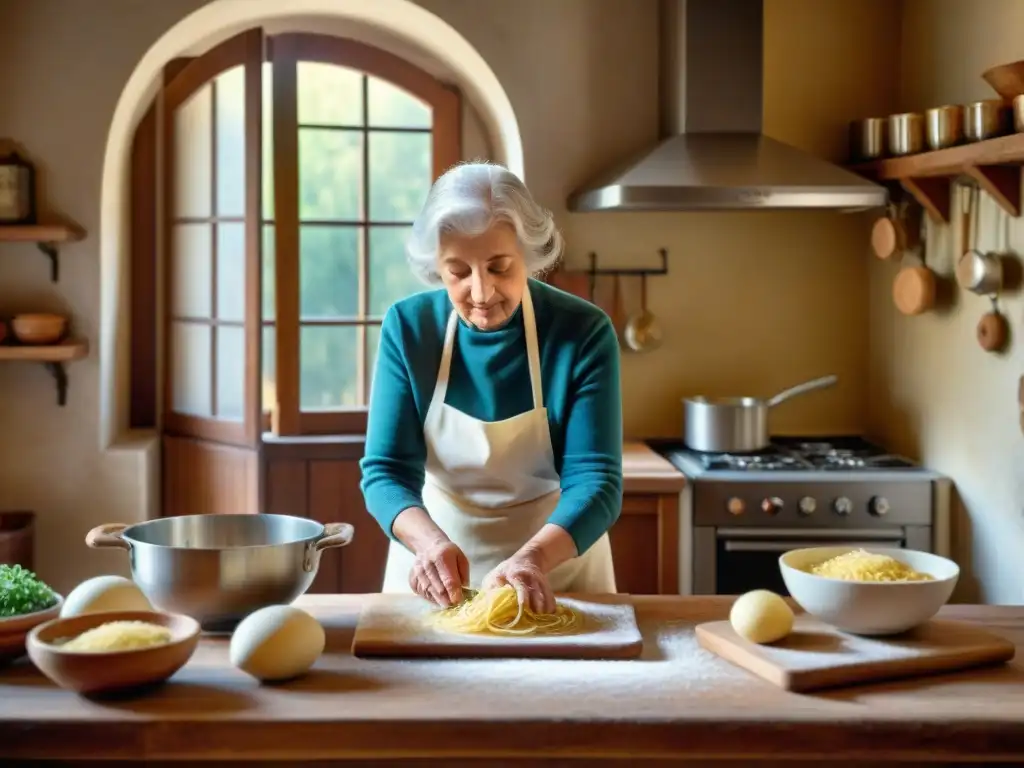 Una nonna italiana en su cocina rústica, amasando pasta fresca mientras su familia observa