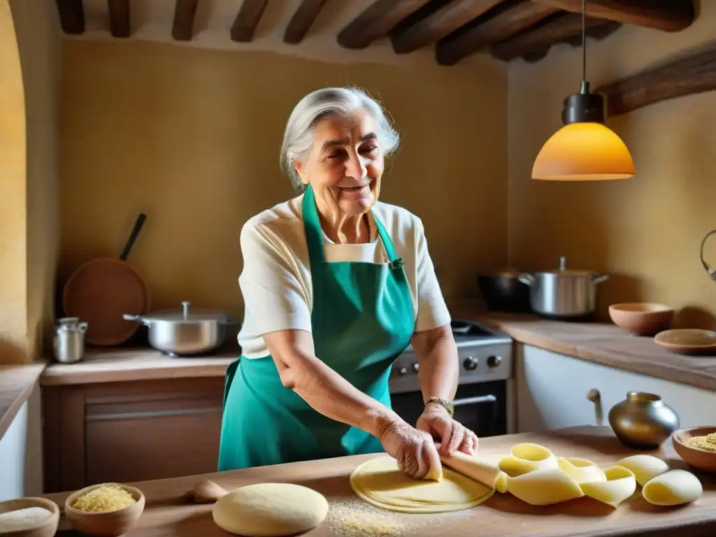 Una nonna italiana en una cocina tradicional de la Toscana amasa pasta fresca a la luz del sol