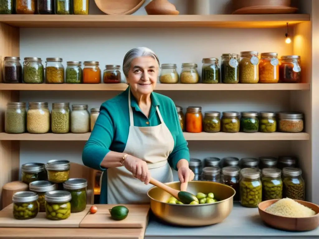 Una nonna italiana en una cocina tradicional, removiendo vegetales fermentados