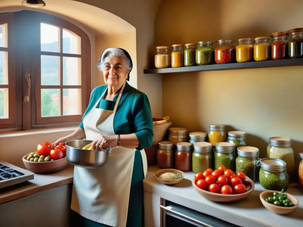 Una nonna italiana en su cocina tradicional, rodeada de frascos de alimentos fermentados