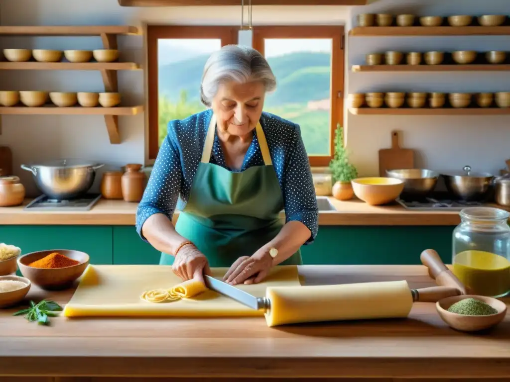 La nonna italiana en su cocina tradicional del norte de Italia, preparando los platos de pasta más icónicos con destreza