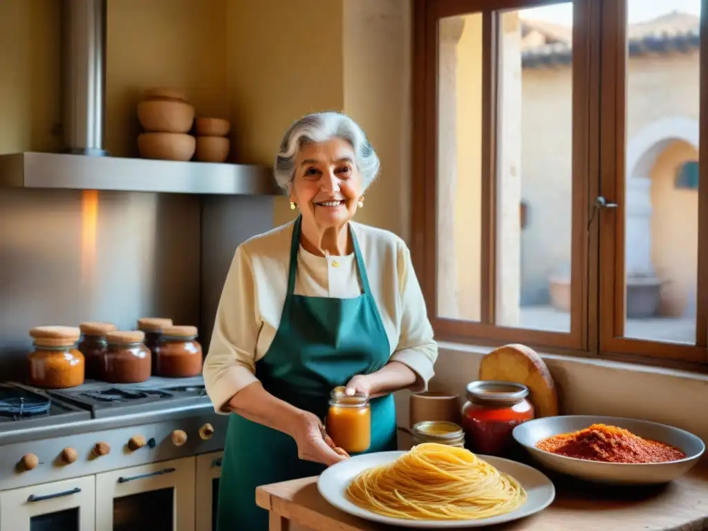 Una nonna italiana en su cocina tradicional del norte, rodeada de salsas caseras y masa fresca, iluminada por la luz natural