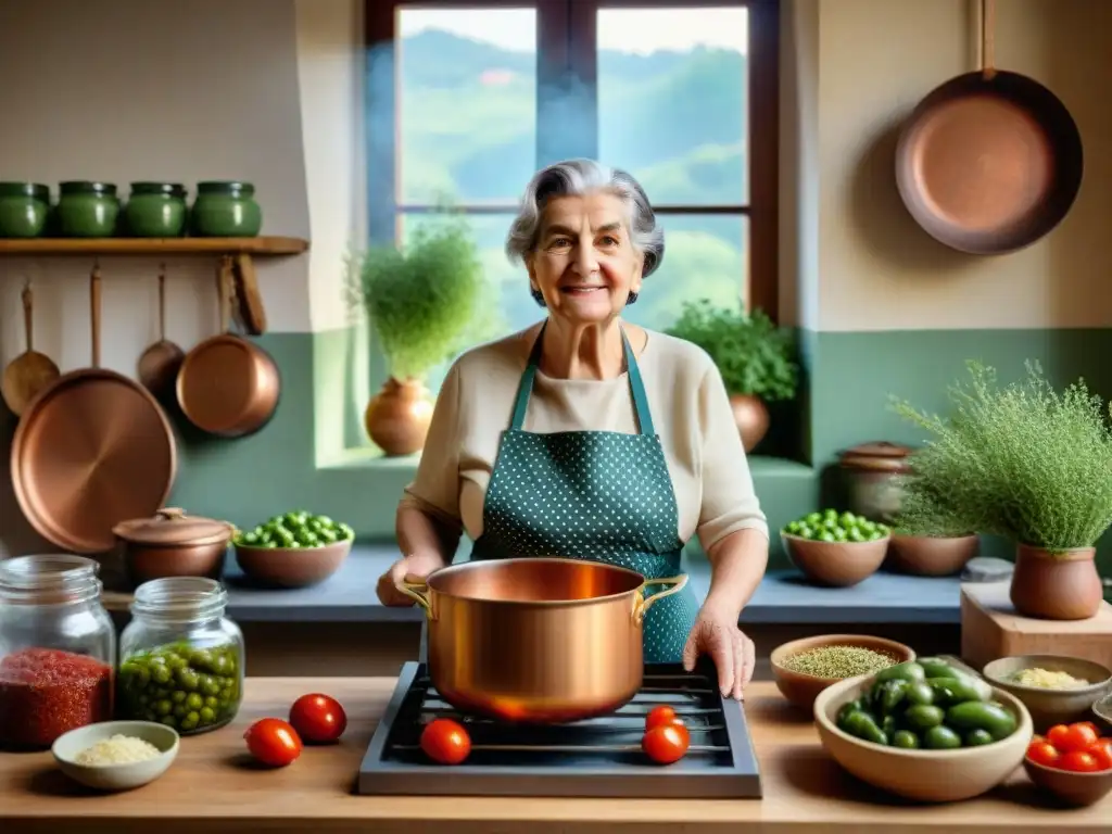 Una nonna italiana en su cocina tradicional, preparando recetas fermentadas