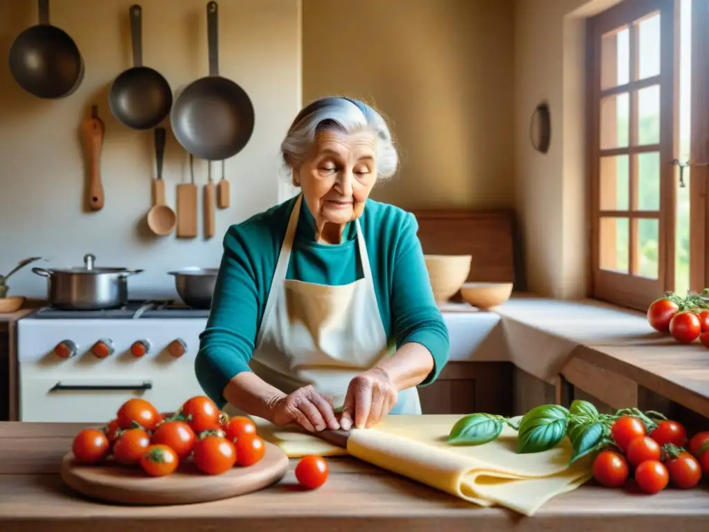 Una nonna italiana en una cocina tradicional, haciendo pasta con amor y experiencia