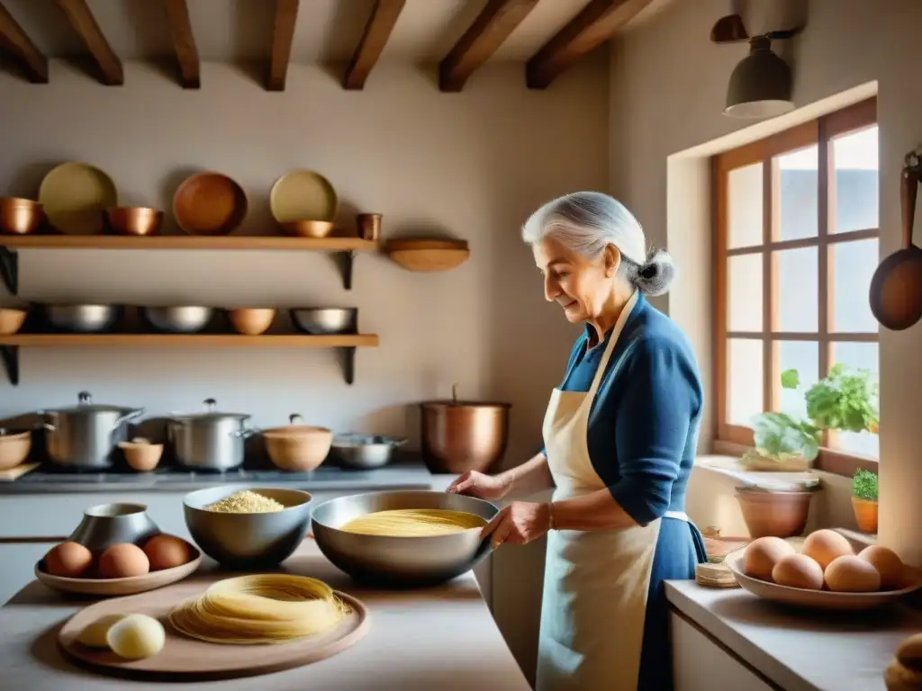 Una nonna italiana en una cocina tradicional, rodeada de libros esenciales de cocina italiana, utensilios y ingredientes frescos