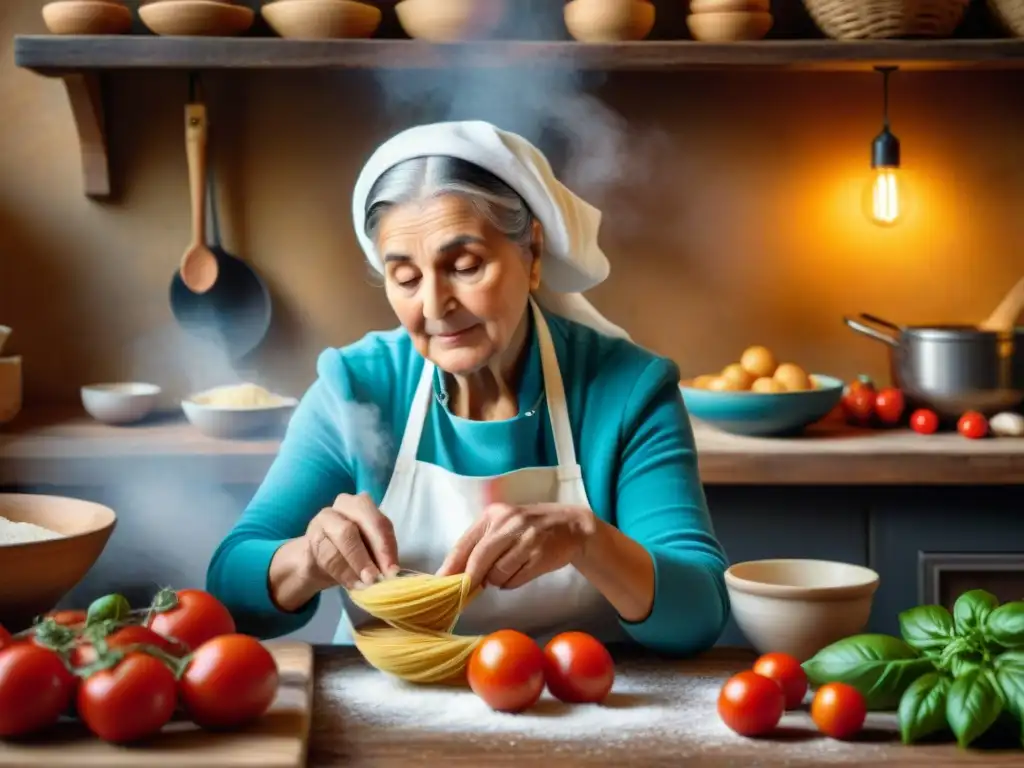 Una nonna italiana en su cocina tradicional, preparando pasta casera rodeada de ingredientes frescos