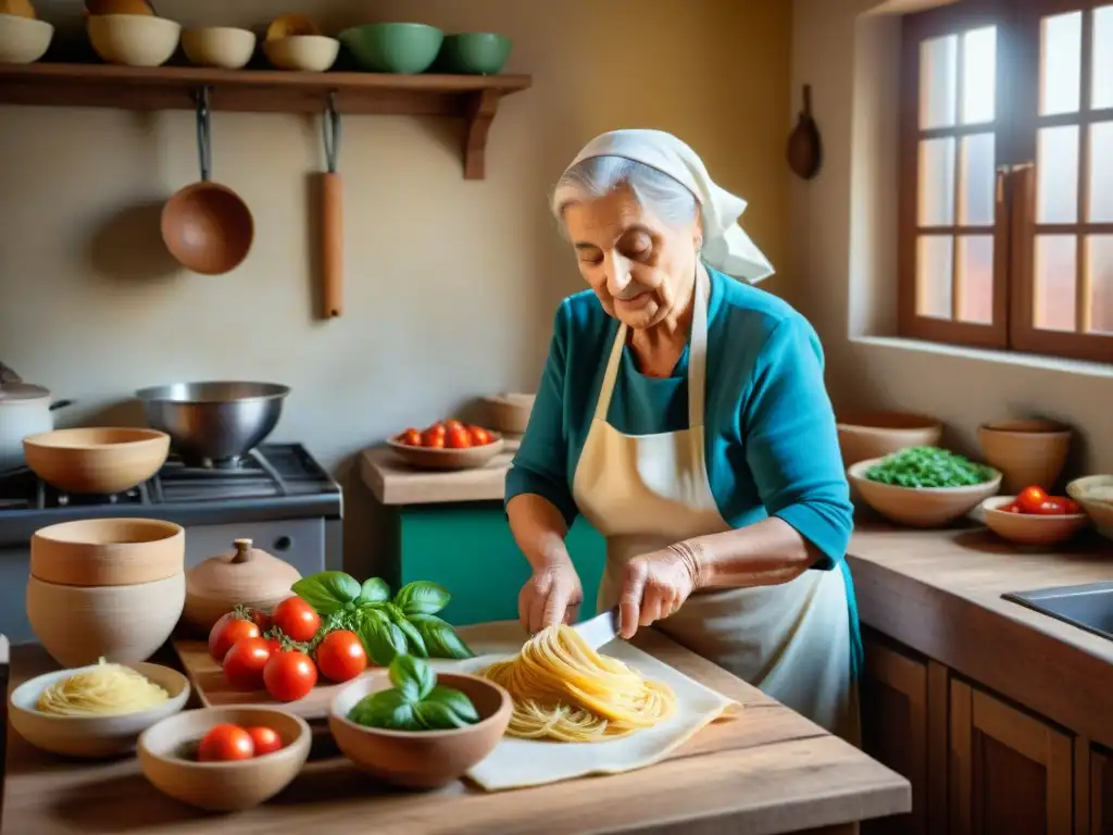 Una nonna italiana en su cocina tradicional, preparando ravioli a mano con ingredientes frescos