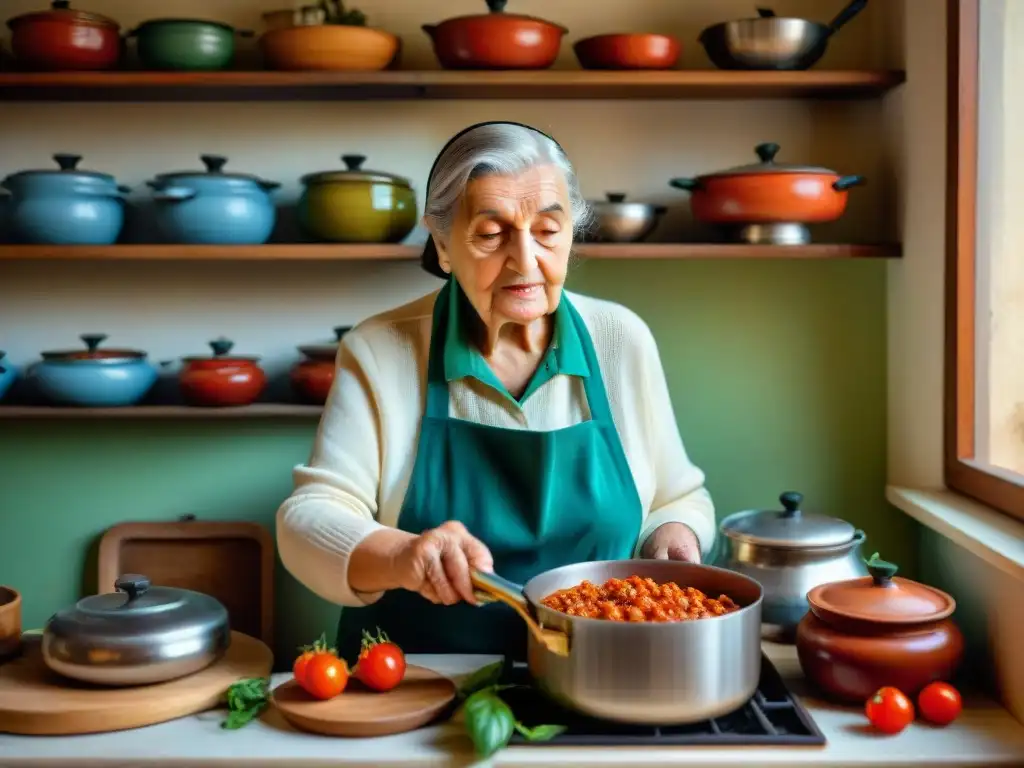 Nonna italiana en una cocina vintage, removiendo ragú