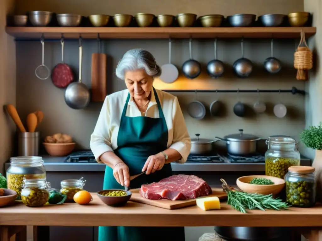 Nonna italiana preparando conservas con grasas italianas tradicionales en cocina rústica