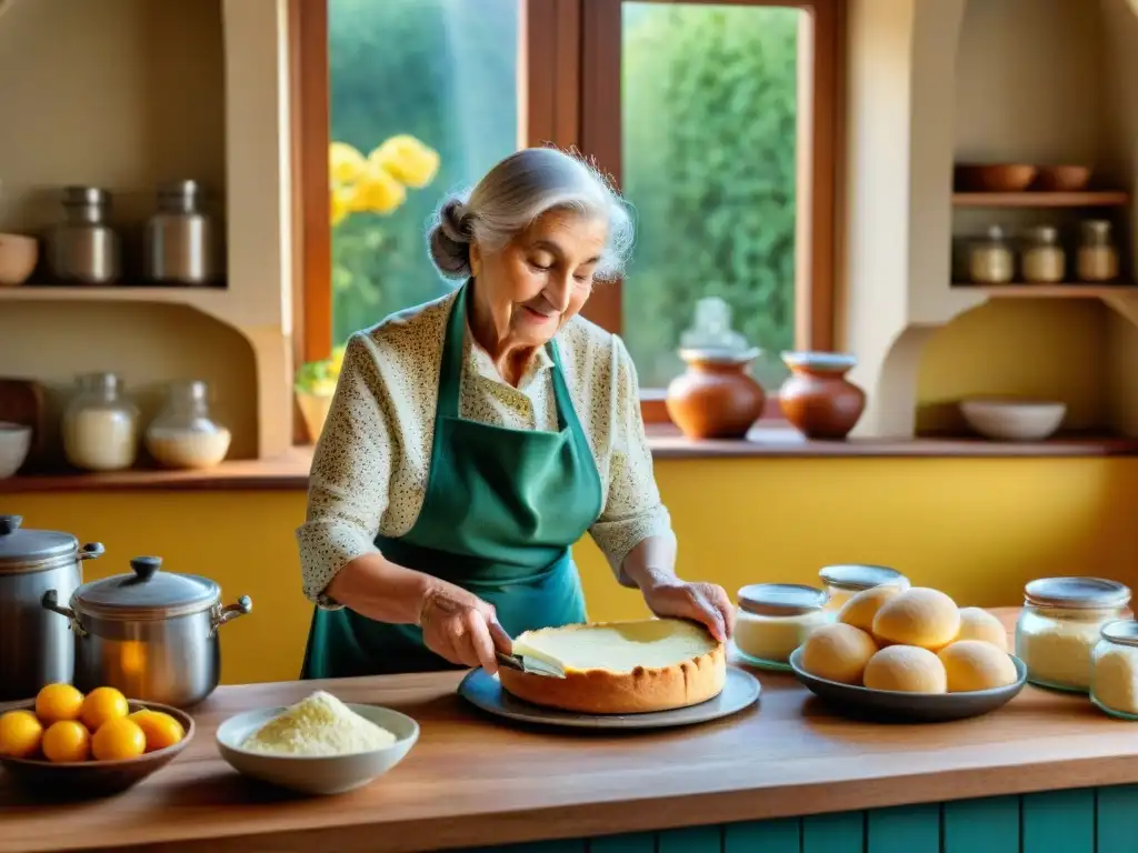 Una nonna italiana preparando con elegancia una Torta di Ricotta en una cocina tradicional llena de utensilios vintage y ingredientes coloridos