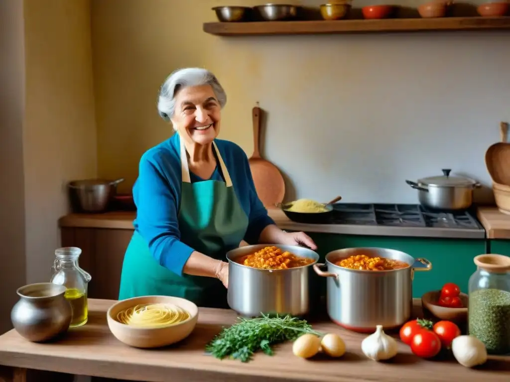 Una nonna italiana enseña a su familia a hacer salsa de pasta casera en una cocina acogedora y rústica, transmitiendo tradición y comunidad en proyectos comunitarios de gastronomía italiana