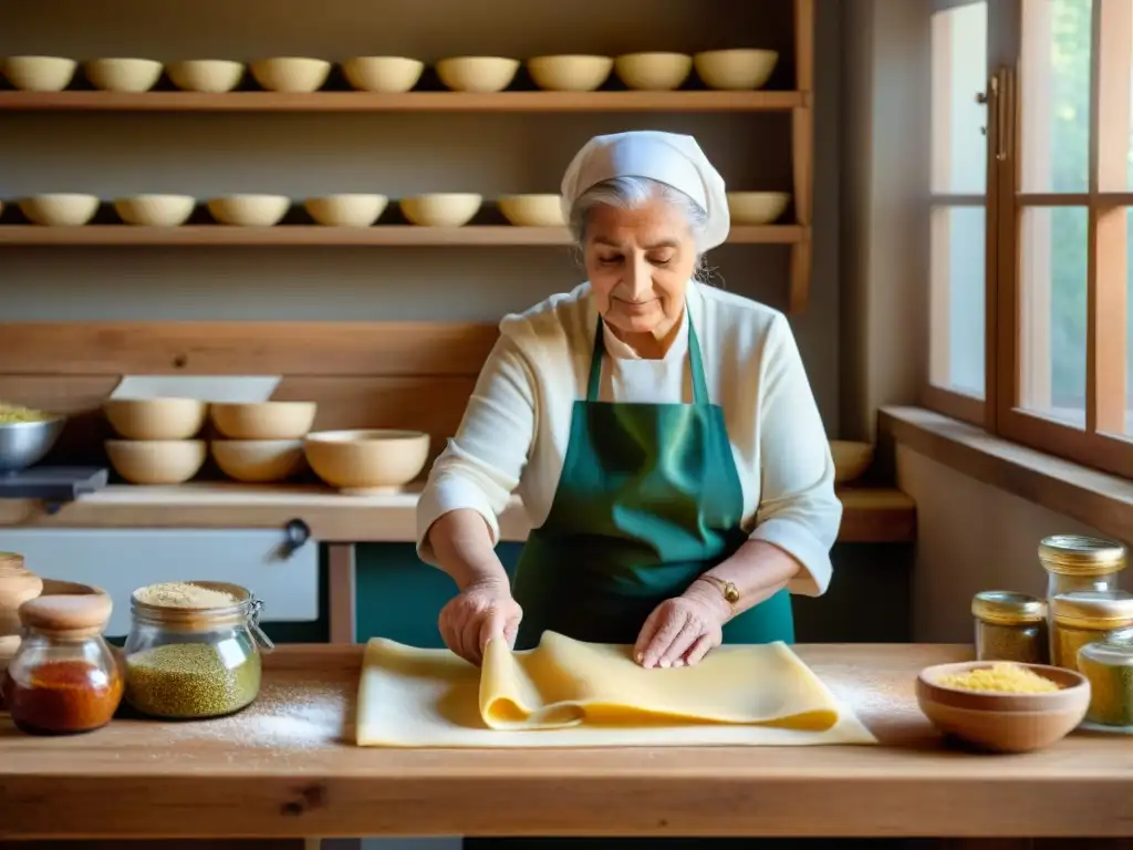 Una nonna italiana experta amasa pasta bajo la cálida luz del sol