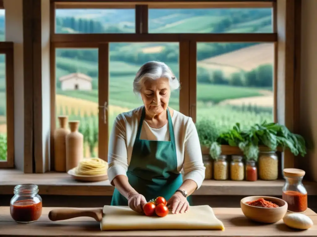 Una nonna italiana experta amasa pasta fresca con un rodillo de madera en una mesa rústica, con luz natural iluminando la escena