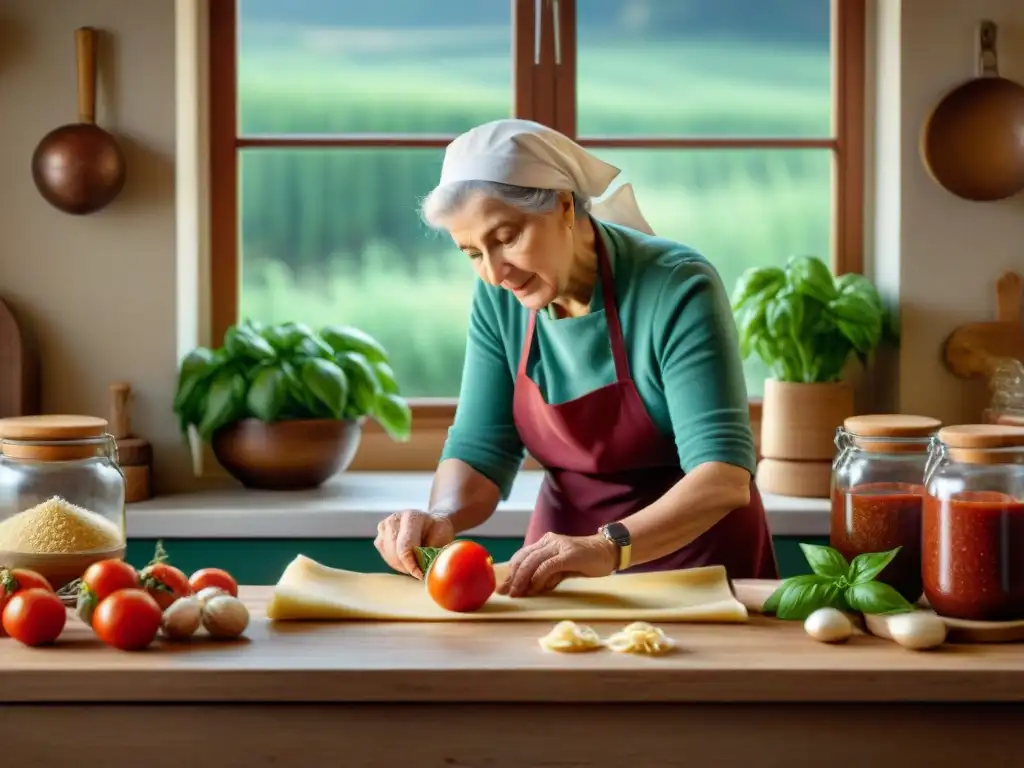 Una nonna italiana experta amasa pasta fresca en una cocina tradicional, rodeada de ingredientes frescos