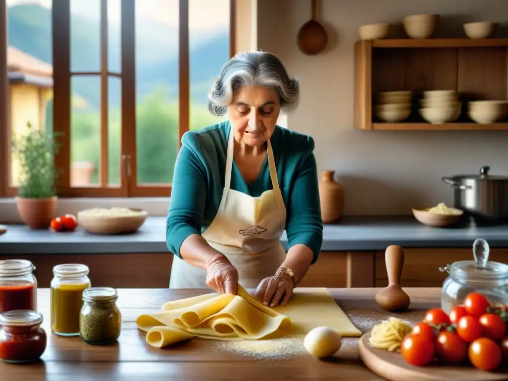 Una nonna italiana experta amasa pasta fresca con determinación en una cocina del Sur de Italia