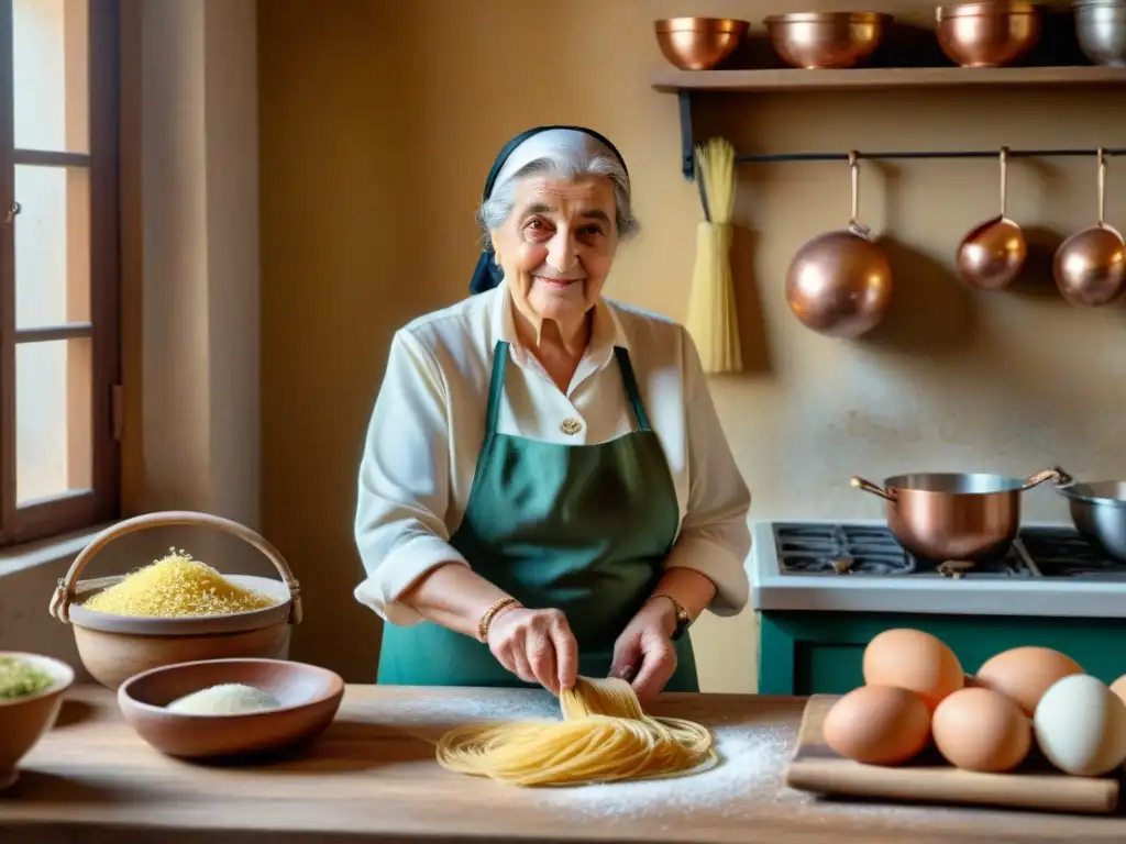 Una nonna italiana experta y auténtica preparando pasta a mano en una cocina tradicional, rodeada de ingredientes frescos y utensilios de cobre