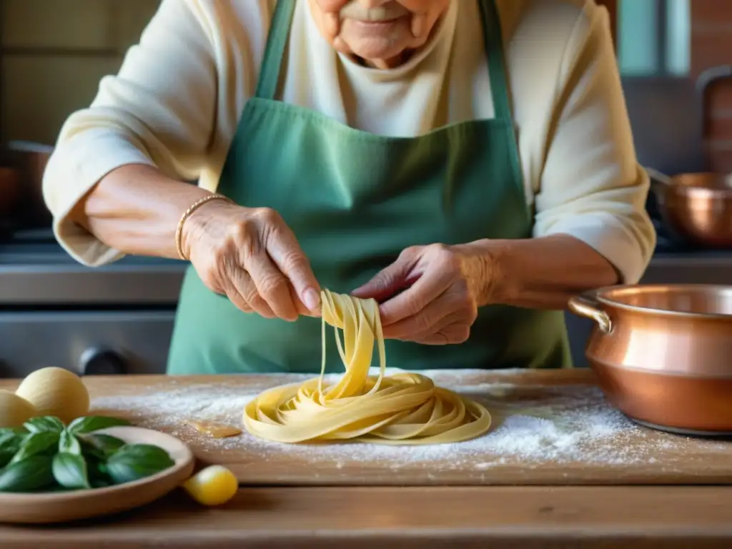 Nonna italiana experta en cocina italiana platos icónicos, creando ravioli con amor y precisión en una cocina rústica