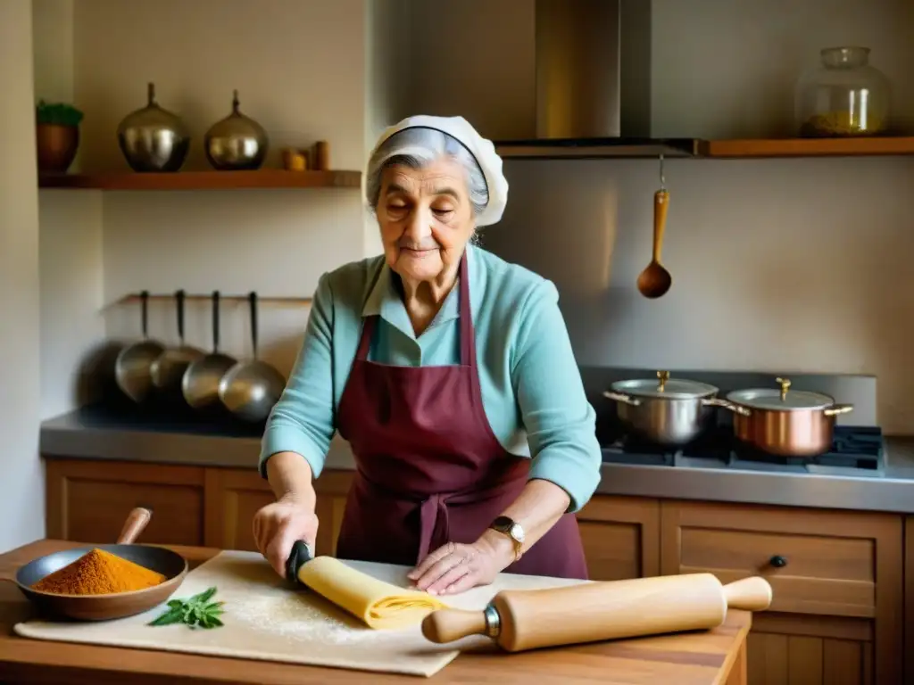 Una nonna italiana experta en cocina, amasando pasta en una cocina tradicional