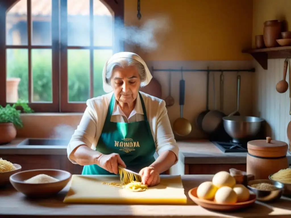 Nonna italiana experta en cocina, amasando pasta fresca en una cocina tradicional