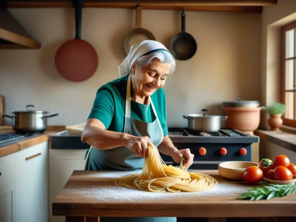 Una nonna italiana experta en cocina, amasa pasta en una cocina soleada con sabores auténticos