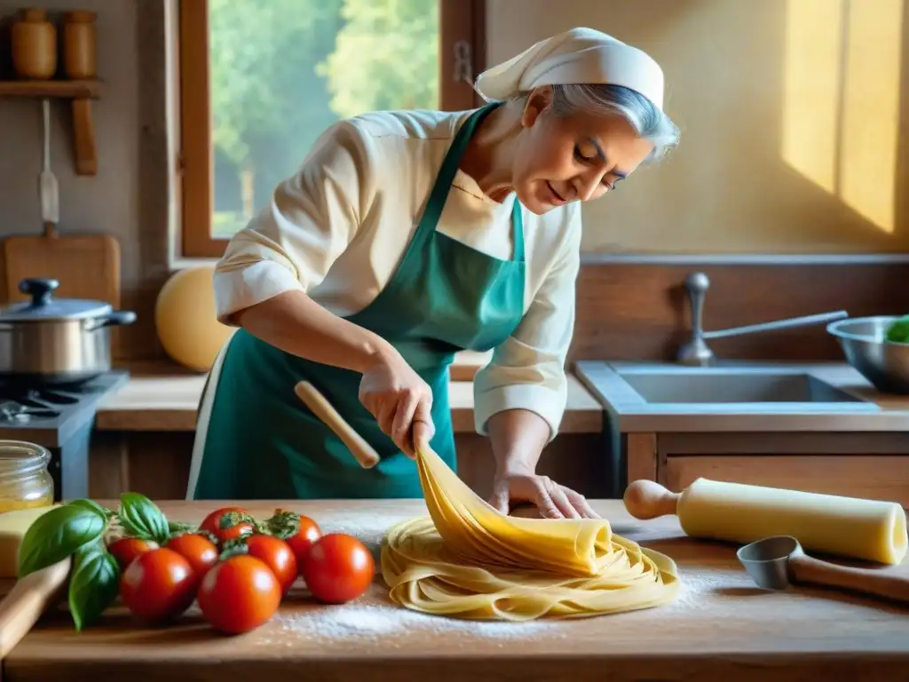 Una nonna italiana experta en cocina, elabora pasta fresca a mano en una cocina rústica