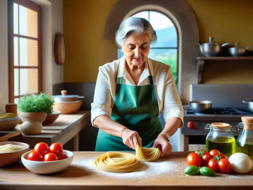 Una nonna italiana experta en cocina regional sabores auténticos preparando pasta a mano en una cocina rústica