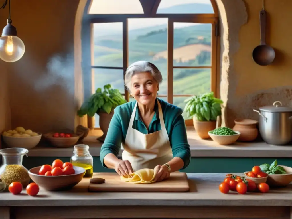 Una nonna italiana experta en cocina, rodeada de ingredientes frescos en una cocina toscana