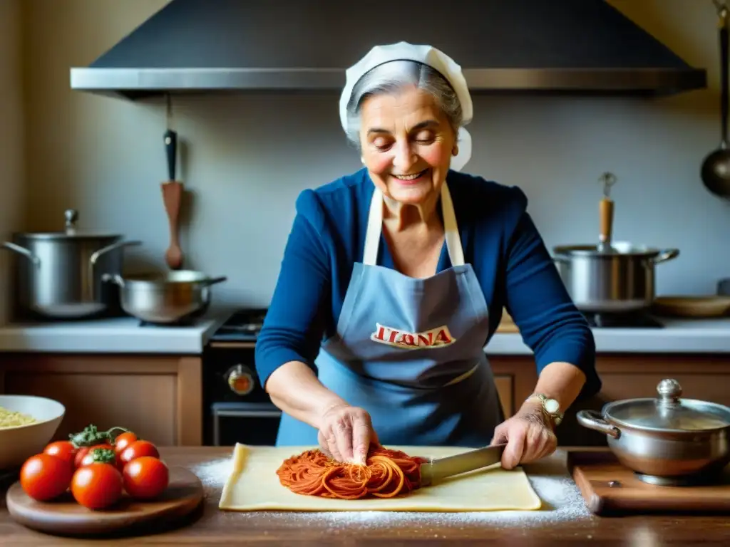 Una nonna italiana experta en cocina prepara pasta con amor y dedicación en una cocina tradicional