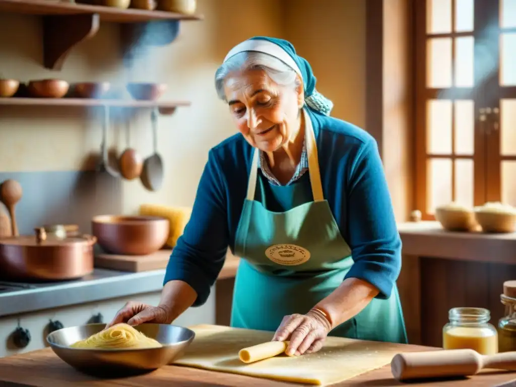 Una nonna italiana experta en cocina tradicional, preparando pasta fresca en una cocina rústica