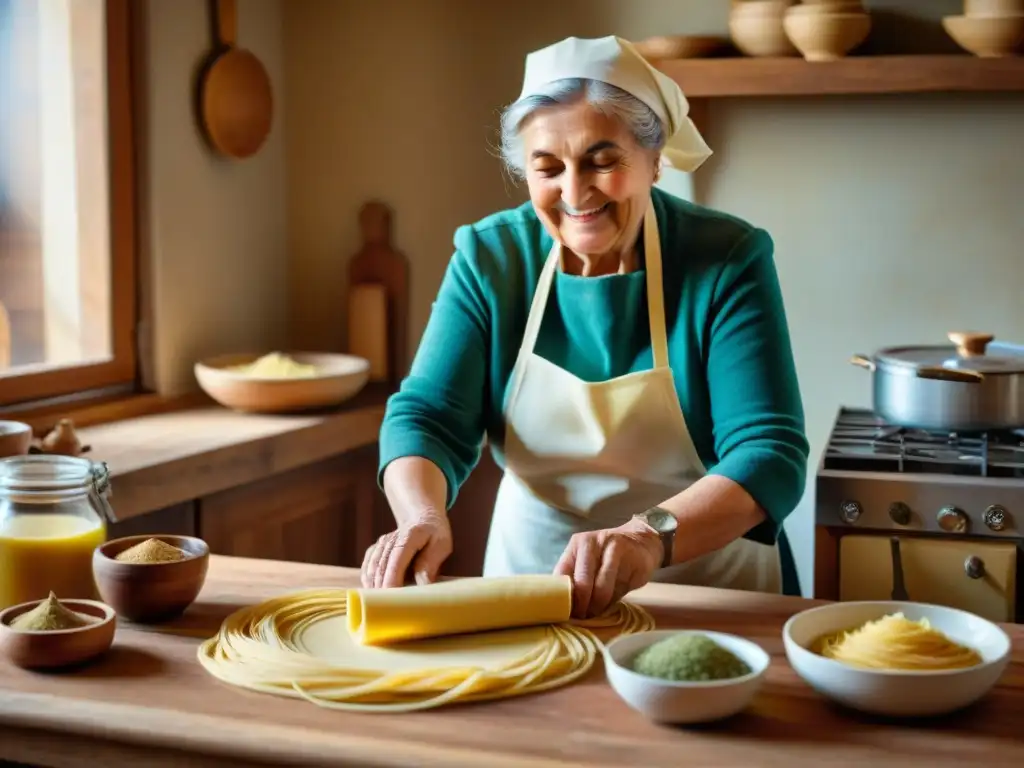 Una nonna italiana experta en cocina enrolla masa fresca con una sonrisa cálida