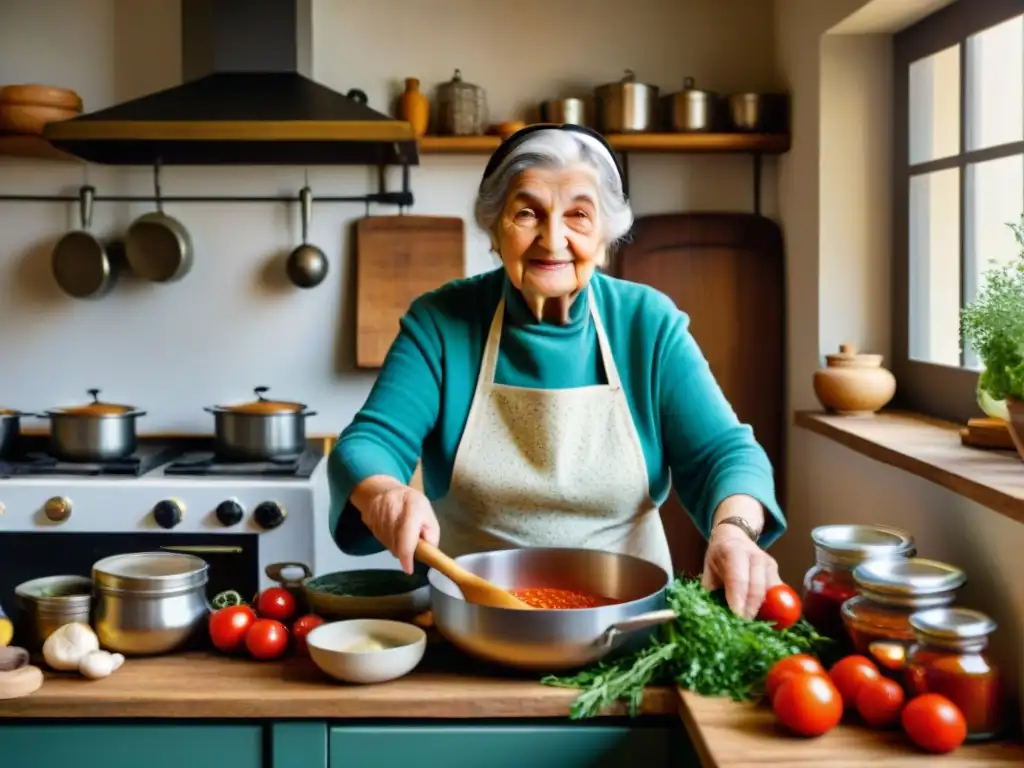 Una nonna italiana experta en cocina casera, rodeada de salsas, hierbas frescas y utensilios vintage