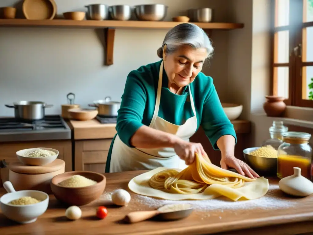 Una nonna italiana experta en cocina tradicional enrolla pasta a mano en una cocina acogedora