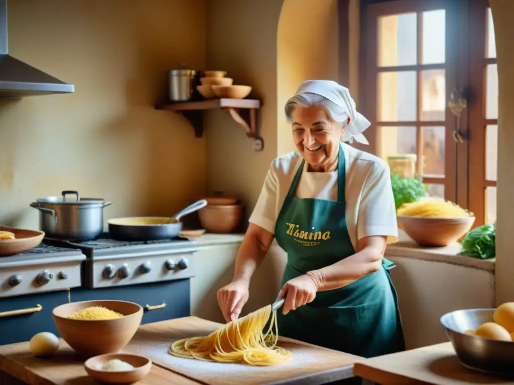 Una nonna italiana experta en cocina tradicional, amasa pasta en una cocina rústica llena de ingredientes coloridos