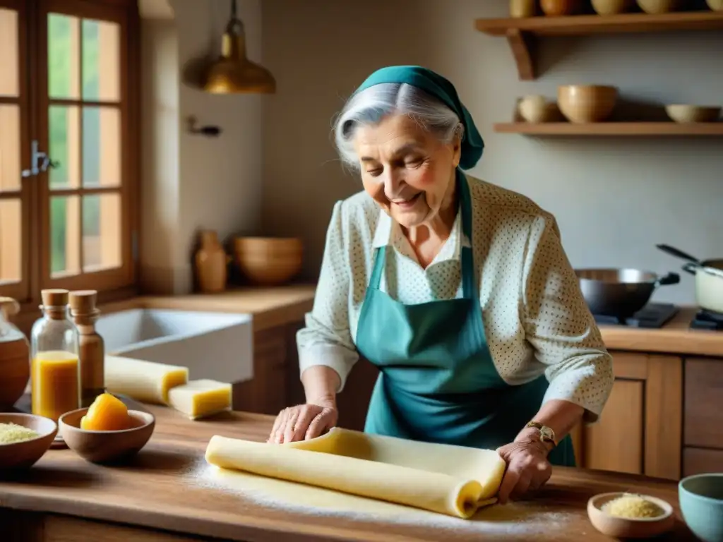 Una nonna italiana experta en cocina tradicional, preparando pasta fresca en una acogedora cocina rústica