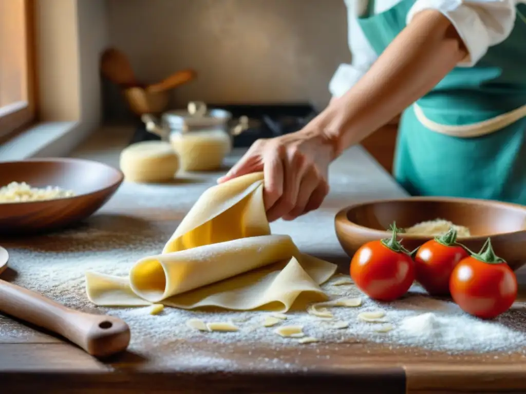 La nonna italiana experta en cocina, creando pasta fresca a mano, rodeada de utensilios de cocina italianos recomendados